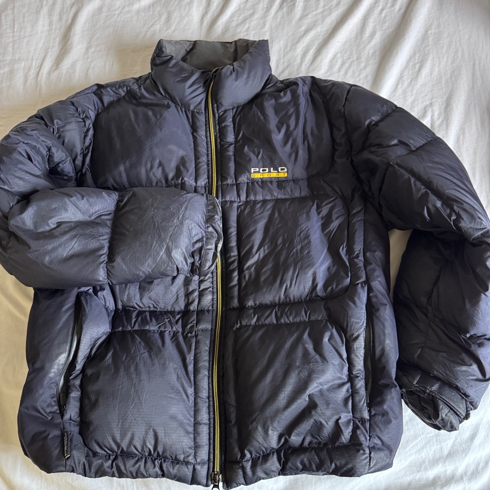 Polo Sport Puffer Jacket Mens XL Navy Blue Solid Vintage Down Filled Full Zip
